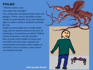 POLBO
“Mentres canta o cuco,
non comas raia nin pulpo”
É un animal que nos gosta moito comer aos
galegos. É forte, voraz e decidido e pode
acadar un gran tamaño. Coas súas ventosas
agarra a quen o ataca e arrástrao ao fondo
do mar.
Cando se come polbo non se debe beber
auga, pois os anacos reúnense de novo no
estómago e reconstrúen ao animal. Pódese
mesmo estoupar e non hai remedio.
Non se pode comer polbo os meses que
non teñen erre (de maio a agosto). As
embarazadas non poden comer polbo; se
manchan a cara co aceite o neno nacerá
con manchas na pel.
Pablo González Barreiro
 