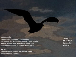 BIBLIOGRAFÍA
“Ensaio sobre etnografía”: Vicente Risco
“Diccionario dos seres míticos galegos”. Xoán R. Cuba,
Antonio Reigosa, Xosé Miranda. Ed Xerais, 1999
“Antropoloxía de Galicia”: Ramón Mariño Ferro
MÚSICA
Fugaz desacorde (Álbum Mercado de fumes)
Interpretado por Dezapal
1º ESO C
IES ASOREY
Cambados
Abril 2013
 