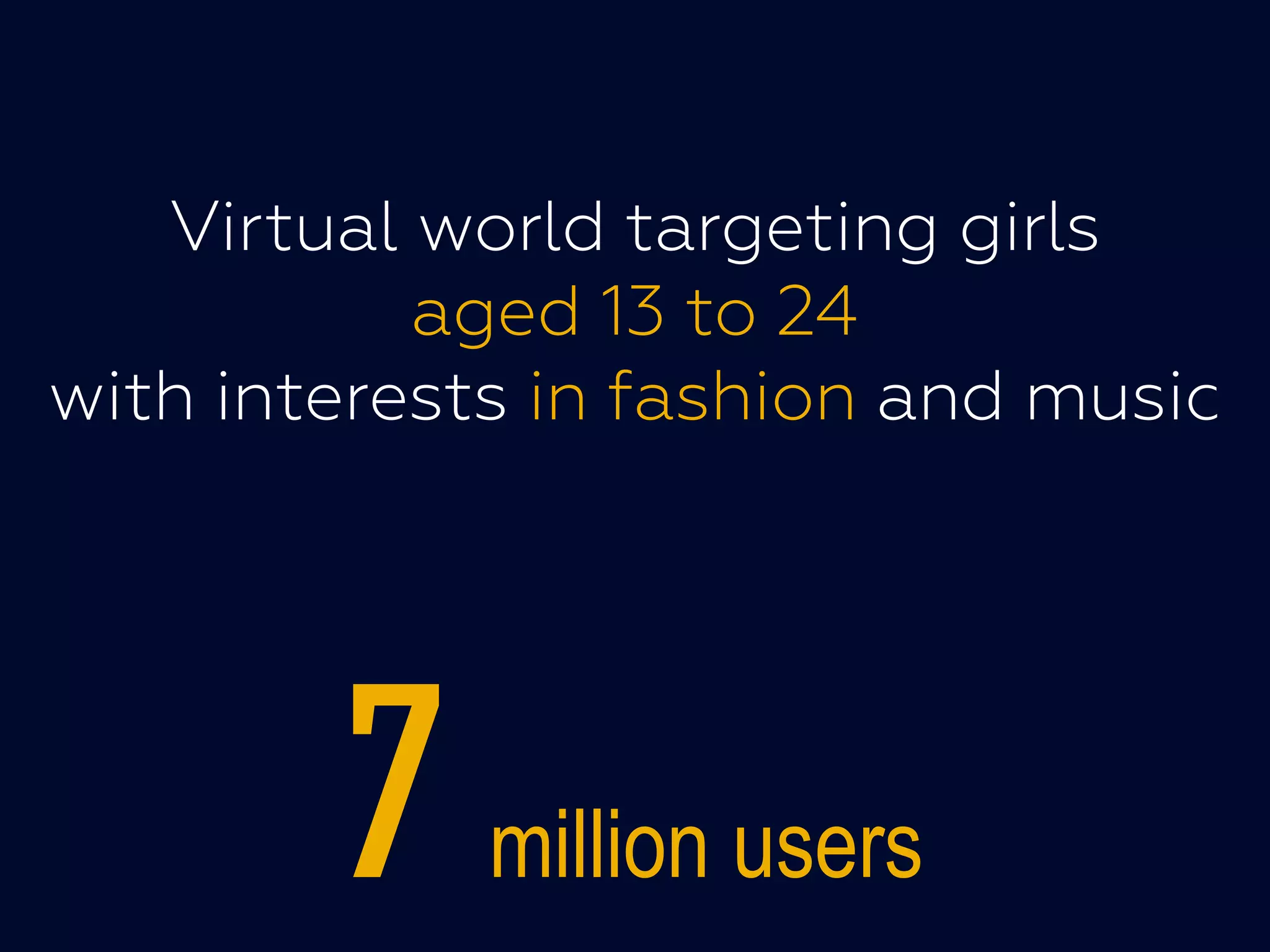 Virtual world targeting girls
aged 13 to 24
with interests in fashion and music
7million users
 