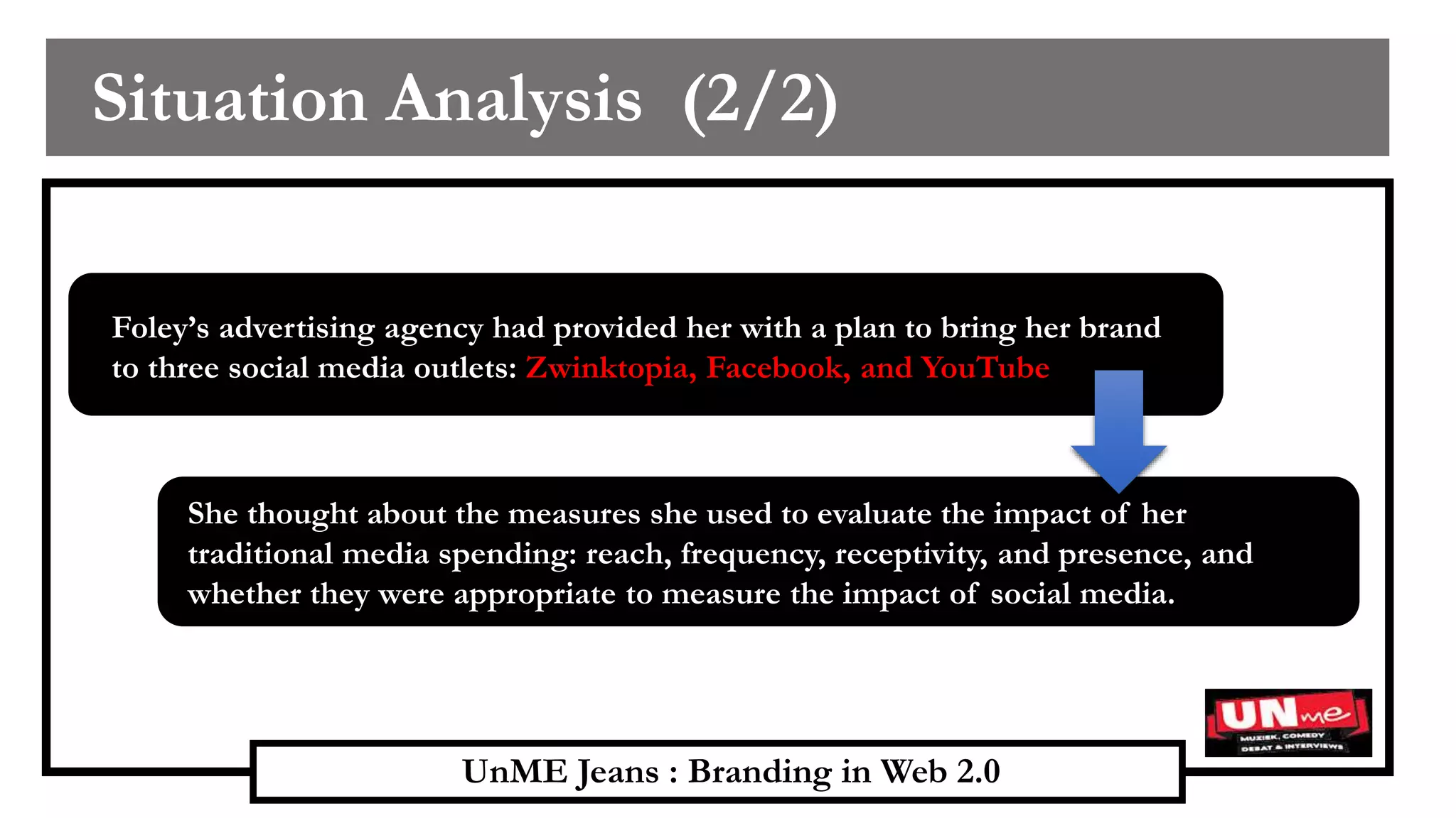 UnME Jeans : Branding in Web 2.0
Situation Analysis (2/2)
Foley’s advertising agency had provided her with a plan to bring her brand
to three social media outlets: Zwinktopia, Facebook, and YouTube
She thought about the measures she used to evaluate the impact of her
traditional media spending: reach, frequency, receptivity, and presence, and
whether they were appropriate to measure the impact of social media.
 