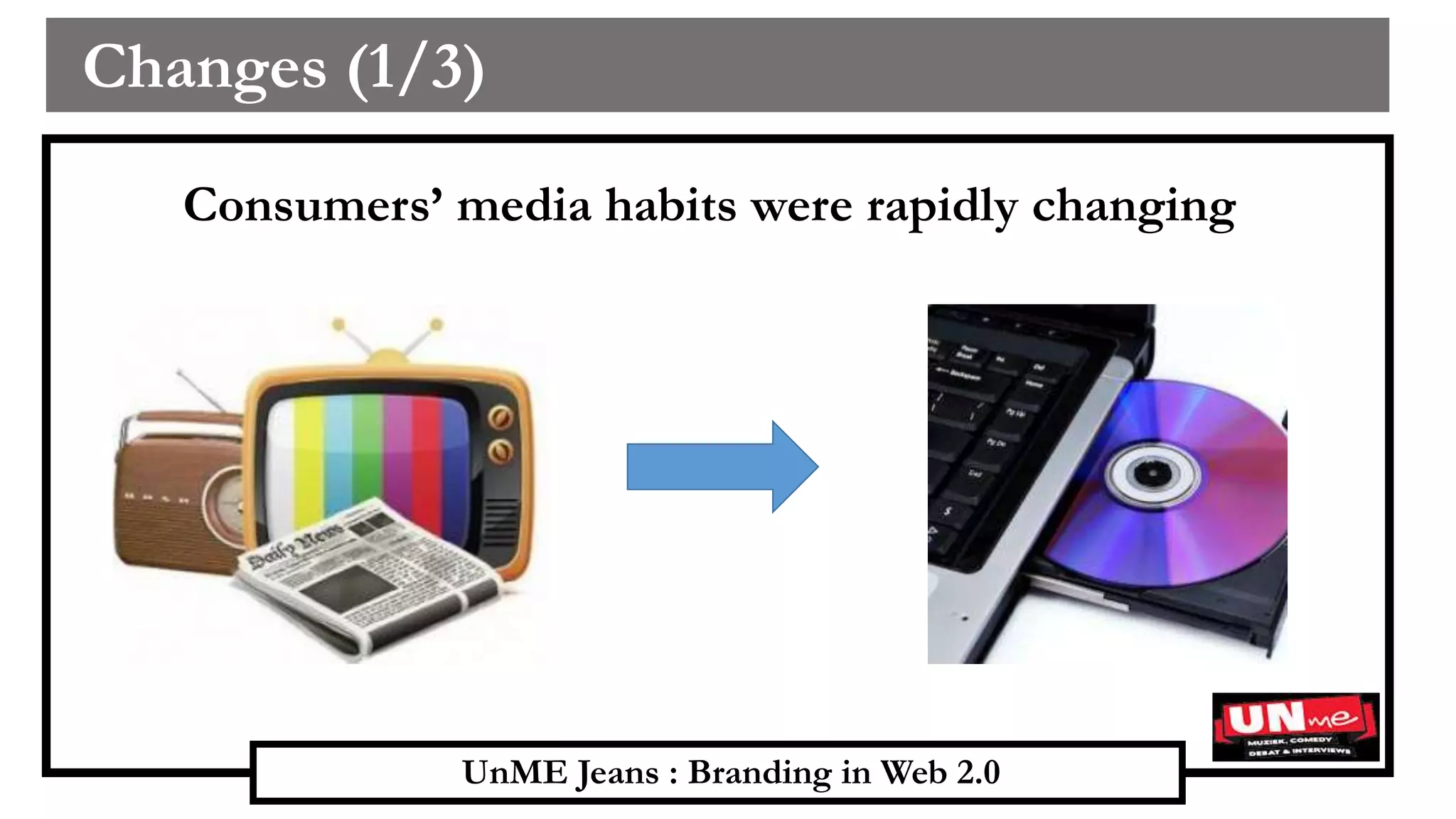 UnME Jeans : Branding in Web 2.0
Changes (1/3)
Consumers’ media habits were rapidly changing
 