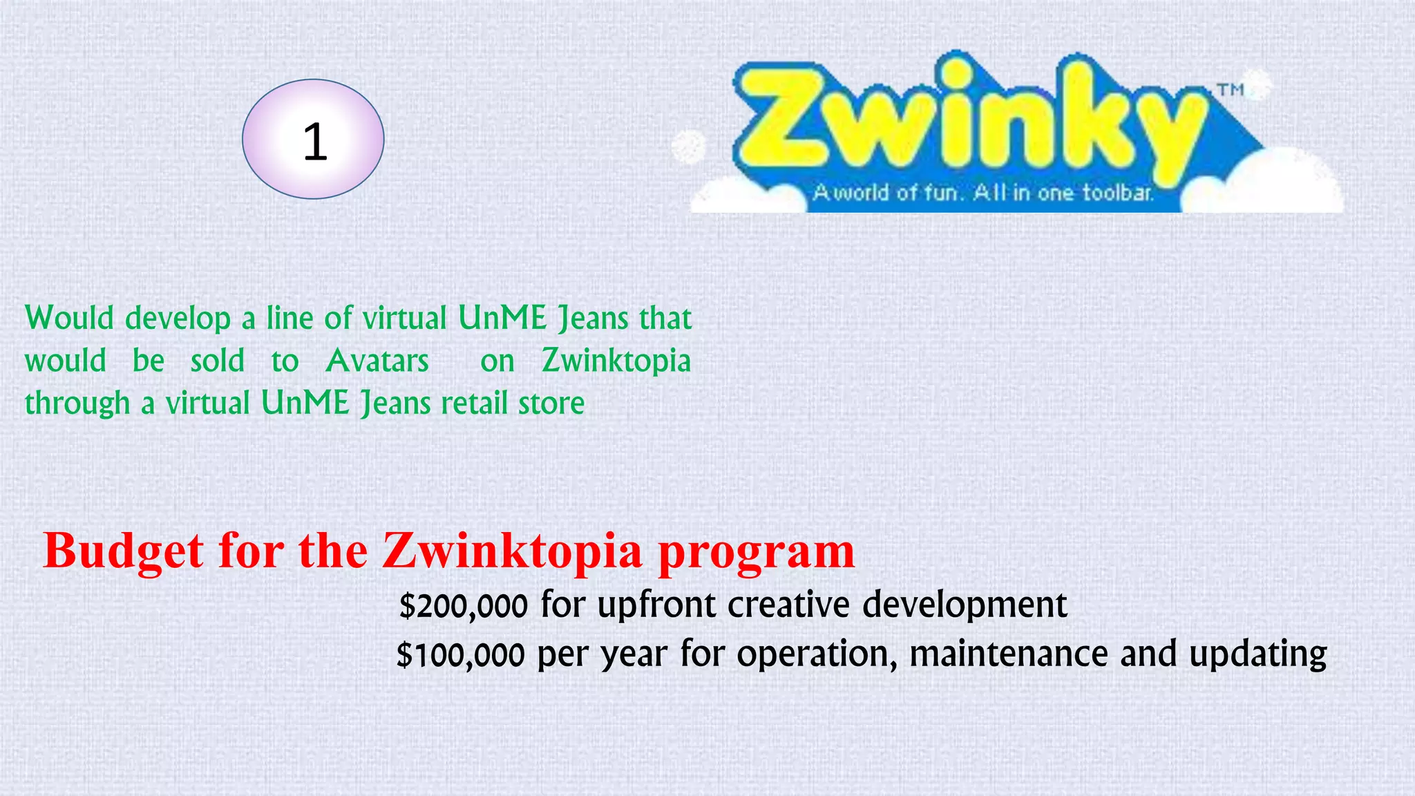 Would develop a line of virtual UnME Jeans that
would be sold to Avatars on Zwinktopia
through a virtual UnME Jeans retail store
Budget for the Zwinktopia program
$200,000 for upfront creative development
$100,000 per year for operation, maintenance and updating
1
 
