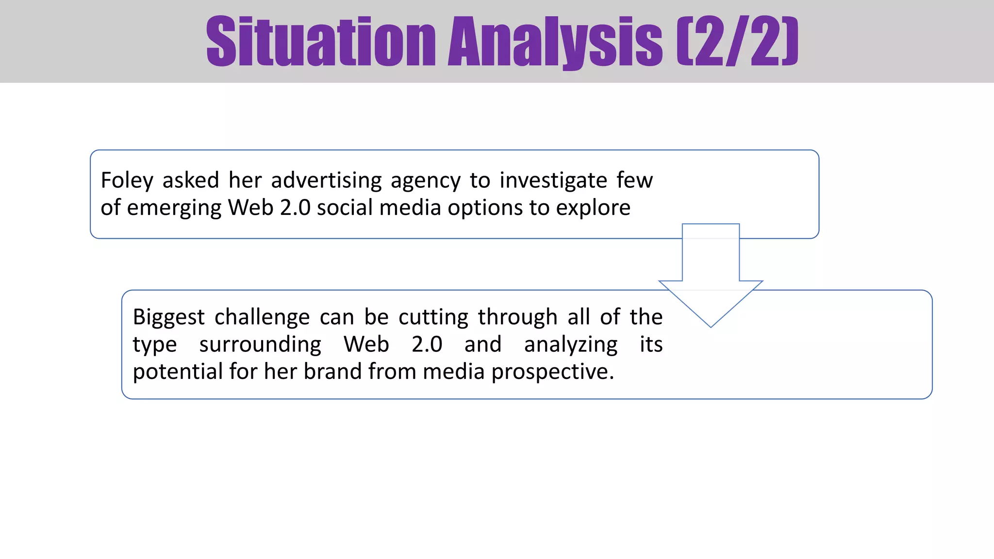 Foley asked her advertising agency to investigate few
of emerging Web 2.0 social media options to explore
Biggest challenge can be cutting through all of the
type surrounding Web 2.0 and analyzing its
potential for her brand from media prospective.
Situation Analysis (2/2)
 