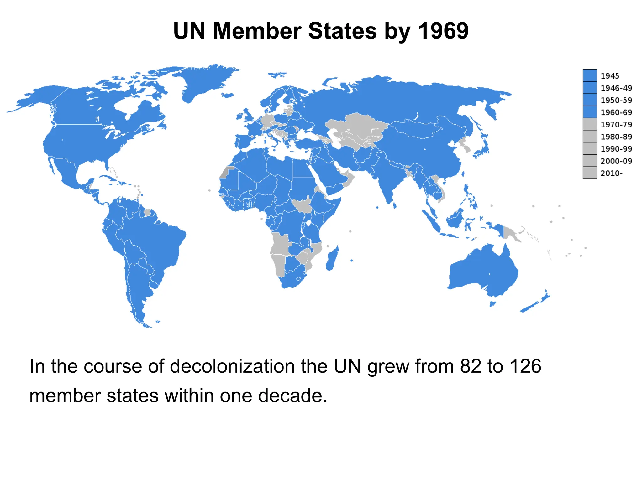 UN Member States by 1969
In the course of decolonization the UN grew from 82 to 126
member states within one decade.