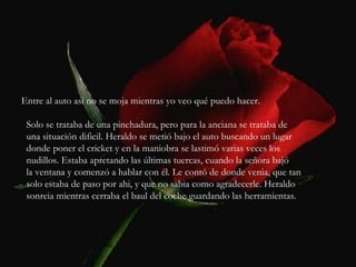 Entre al auto asi no se moja mientras yo veo qué puedo hacer. Solo se trataba de una pinchadura, pero para la anciana se trataba de una situación dificil. Heraldo se metió bajo el auto buscando un lugar donde poner el cricket y en la maniobra se lastimó varias veces los nudillos. Estaba apretando las últimas tuercas, cuando la señora bajó la ventana y comenzó a hablar con él. Le contó de donde venia, que tan solo estaba de paso por ahi, y que no sabia como agradecerle. Heraldo sonreia mientras cerraba el baul del coche guardando las herramientas. 