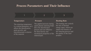 Process Parameters and Their Influence
Temperature
The sintering temperature
is a critical parameter, as it
affects the densification,
grain growth, and
microstructural evolution
of the material.
Pressure
The applied pressure during
spark plasma sintering helps
drive the densification
process and can influence
the final density and
mechanical properties of the
sintered part.
Heating Rate
The heating rate controls
the rate of thermal
energy input, which can
impact the kinetics of
the sintering process and
the quality of the final
product.
 