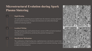 Microstructural Evolution during Spark
Plasma Sintering
1 Rapid Heating
The spark plasma sintering process rapidly heats the material, causing rapid grain
growth and the formation of unique microstructures not achievable through
traditional sintering methods.
2 Localized Melting
The high heating rates and localized electric current in SPS can lead to localized
melting and recrystallization, producing fine-grained, homogeneous
microstructures.
3 Densification Mechanisms
The combination of high heating rates, applied pressure, and electric current leads
to different densification mechanisms compared to conventional sintering, resulting
in improved final properties.
 
