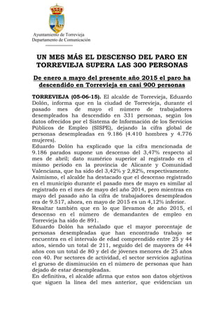 Ayuntamiento de Torrevieja
Departamento de Comunicación
UN MES MÁS EL DESCENSO DEL PARO EN
TORREVIEJA SUPERA LAS 300 PERSONAS
De enero a mayo del presente año 2015 el paro ha
descendido en Torrevieja en casi 900 personas
TORREVIEJA (05-06-15). El alcalde de Torrevieja, Eduardo
Dolón, informa que en la ciudad de Torrevieja, durante el
pasado mes de mayo el número de trabajadores
desempleados ha descendido en 331 personas, según los
datos ofrecidos por el Sistema de Información de los Servicios
Públicos de Empleo (SISPE), dejando la cifra global de
personas desempleadas en 9.186 (4.410 hombres y 4.776
mujeres).
Eduardo Dolón ha explicado que la cifra mencionada de
9.186 parados supone un descenso del 3,47% respecto al
mes de abril; dato numérico superior al registrado en el
mismo período en la provincia de Alicante y Comunidad
Valenciana, que ha sido del 3,42% y 2,82%, respectivamente.
Asimismo, el alcalde ha destacado que el descenso registrado
en el municipio durante el pasado mes de mayo es similar al
registrado en el mes de mayo del año 2014, pero mientras en
mayo del pasado año la cifra de trabajadores desempleados
era de 9.517, ahora, en mayo de 2015 es un 4,12% inferior.
Resaltar también que en lo que llevamos de año 2015, el
descenso en el número de demandantes de empleo en
Torrevieja ha sido de 891.
Eduardo Dolón ha señalado que el mayor porcentaje de
personas desempleadas que han encontrado trabajo se
encuentra en el intervalo de edad comprendido entre 25 y 44
años, siendo un total de 211, seguido del de mayores de 44
años con un total de 80 y del de jóvenes menores de 25 años
con 40. Por sectores de actividad, el sector servicios aglutina
el grueso de disminución en el número de personas que han
dejado de estar desempleadas.
En definitiva, el alcalde afirma que estos son datos objetivos
que siguen la línea del mes anterior, que evidencian un
 