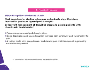 10
Most experimental studies in humans and animals show that sleep
deprivation produces hyperalgesic changes1
Concurrent management of disturbed sleep and pain in patients with
chronic pain is advisable:1
Pain enhances arousal and disrupts sleep
Sleep deprivation and sleep disruption increase pain sensitivity and vulnerability to
pain
A vicious circle with sleep disorder and chronic pain maintaining and augmenting
each other may result
Sleep disruption contributes to pain
1. Lautenbacher S et al. Sleep deprivation and pain perception ,Sleep Med Rev 2006;10:357-69.
2 – Negative Symptoms
 