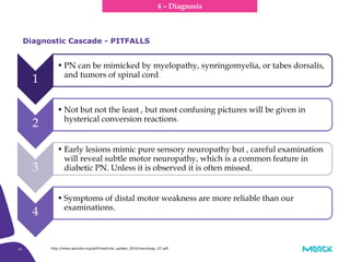 16
1
• PN can be mimicked by myelopathy, synringomyelia, or tabes dorsalis,
and tumors of spinal cord.
2
• Not but not the least , but most confusing pictures will be given in
hysterical conversion reactions.
3
• Early lesions mimic pure sensory neuropathy but , careful examination
will reveal subtle motor neuropathy, which is a common feature in
diabetic PN. Unless it is observed it is often missed.
4
• Symptoms of distal motor weakness are more reliable than our
examinations.
Diagnostic Cascade - PITFALLS
http://www.apiindia.org/pdf/medicine_update_2010/neurology_07.pdf
4 – Diagnosis
 