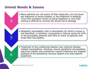 5
4
• Many patients are not aware of their diagnosis, are not given
the diagnosis or being treated, or the diagnosis is delayed.
Time from symptom onset to actual diagnosis is very high
making it difficult to reverse the actual nerve damage
5
• Idiopathic neuropathy, that is neuropathy for which a cause is
not identified, is common, accounting in referral series for 25%
of all neuropathy patients and 50% or more of patients with
small fibre neuropathy.
6
• Treatment of the underlying disease may improve disease-
related neuropathies. However, severe peripheral neuropathies
requiring intense and sometimes urgent treatment are isolated
diseases of the peripheral nervous system and need specific
treatment.
Unmet Needs & Issues
Expert Opin Pharmacother. 2016;17(3):381-94.
 