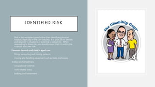 IDENTIFIED RISK
• Risk in the workplace goes further than identifying physical
hazards, especially in the care industry. It is your job to identify
and respond to situations of potential or actual risk. When
responding to these risk, you should ensure that it is within the
scope of your own role.
Common hazards and risks in aged care
• lifting, supporting and moving patients.
• moving and handling equipment such as beds, mattresses,
trolleys and wheelchairs.
• occupational violence.
• work-related stress.
• bullying and harassment.
 