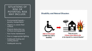 SITUATIONS OF
RISK OR
POTENTIAL RISK
MAY INCLUDE:
• Environmental hazards –
poverty, transportation
• Slippery or uneven floor
surfaces
• Physical obstruction e.g.
furniture and equipment
• Poor home maintenance
• Poor or inappropriate lighting
• Inadequate heating and
cooling devices
• Inadequate security
 