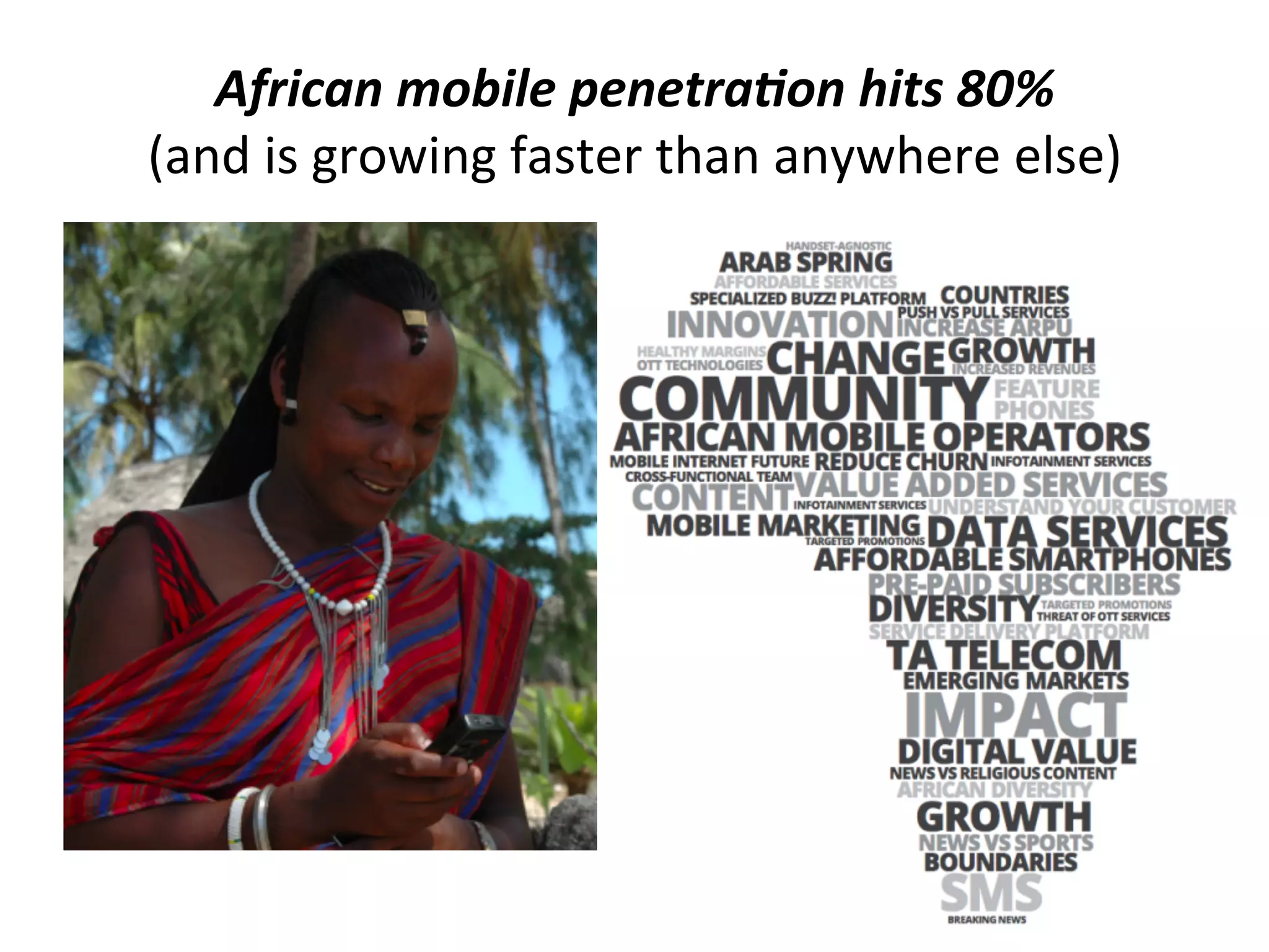 African	
  mobile	
  penetra7on	
  hits	
  80%	
  	
  
(and	
  is	
  growing	
  faster	
  than	
  anywhere	
  else)	
  

 