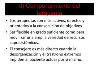 d) Comportamiento del terapeutaLos terapeutas son más activos, directos y orientados a la consecución de objetivosSer flexible en grado suficiente como para movilizar una amplia variedad de recursos suprasistémicos.El consejero es más directo cuando la desorganización y el trastrono extremos impiden al paciente actuar por si mismo.