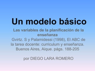 Un modelo básico
Las variables de la planificación de la
enseñanza
Gvirtz. S y Palamidessi (1998), El ABC de
la tarea docente: curriculum y enseñanza.
Buenos Aires, Aique. págs. 188-205
por DIEGO LARA ROMERO
 