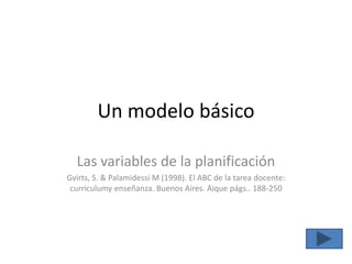 Un modelo básico
Las variables de la planificación
Gvirts, S. & Palamidessi M (1998). El ABC de la tarea docente:
curriculumy enseñanza. Buenos Aires. Aique págs.. 188-250
 
