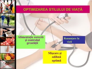 OPTIMIZAREA STILULUI DE VIAŢĂ
Alimentaţie corectă
şi controlul
greutăţii
Mişcare şi
odihnă
optimă
Renunţare la
vicii
 