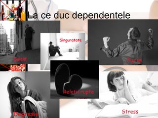 La ce duc dependentele
Furie
Depresie
Relatii rupte
Singuratate
Suicid
Stress
Relatii rupte
 