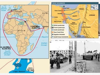• A Egipte es va instaurar una república presidida per Nasser, qui va
projectar la gran presa d’Assuan i va demanar ajuda econòmica a
alguns països. Els Estats Units li la van negar l’ajut que L’URSS li va
concedir. El 1956, Nasser va decidir nacionalitzar el canal de Suez,
controlat militarment per francesos i britànics.
• França i Gran Bretanya van ocupar militarment la zona i l’URSS va
amenaçar amb la intervenció militar. Els EUA van recomanar als seus
aliats que se’n retiraren.
El conflicte del canal de Suez (1956)
 