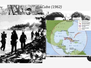 • Amb la Revolució cubana (1959) les tropes de Fidel Castro i el Che
Guevara van acabar amb la dictadura de Fulgencio Batista, aliat dels
Estats Units i van instaurar un règim revolucionari que va
nacionalitzar els recursos econòmics. ’any 1961 en el moment en
que es va produir un intent de desembarcament de cubans exiliats i
armats a la badia de Los Cochinos, amb l'objectiu d'enderrocar el
govern cubà de Fidel Castro. L'operació comptava amb el suport
logístic i el finançament dels Estats Units. Fidel Castro es va declarar
procomunista, va establir acords amb l’URSS i va acceptar la
instal·lació de míssils nuclears a l’illa.
La crisi dels míssils a Cuba (1962)
 