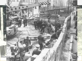 • Aquests fets van consumar la divisió d’Alemanya. Es crearen dos
nous estats: la República Federal Alemanya (RFA), capitalista i de
l’OTAN i la República Democràtica Alemanya (RDA), comunista i del
Pacte de Varsòvia. La divisió alemanya va consolidar la ruptura entre
el bloc occidental i l’oriental i va interposar entre tots dos un teló
d’acer.
• El 1958, l’URSS va demanar que tota Berlín fos de la RDA o que la
controlés l’ONU per evitar la fugida de gent al sector occidental. Els
Estats Units es van negar i l’URSS va construir un mur que dividia la
ciutat (1961-89).
Des de Stettin, al Bàltic, fins Trieste, a l’Adriàtic, ha caigut sobre el continent un teló d’acer.
Darrere d’ell es troben totes les capitals dels antics estats d’Europa central i oriental (...). Totes
aquestes famoses ciutats i les seves poblacions i els països al voltant d’elles es troben en allò que
anomenen l’esfera soviètica, i tots estan sotmesos, d’una manera o altra, no sols a la influència
soviètica, sinó també a un altíssim, i en molts casos creixent, control per part de Moscou (...). Pel
que he vist dels nostres amics els russos durant la guerra, estic convençut de que res admiren
més que la força i res respecten menys que la feblesa (...). És precís que els pobles de llengua
anglesa s’uneixin amb urgència per impedir als russos tota temptativa de cobdícia i aventura.”
Discurs de Winston Churchill al Westminster College de Fulton (Missouri), 5 de març del 1946.
 