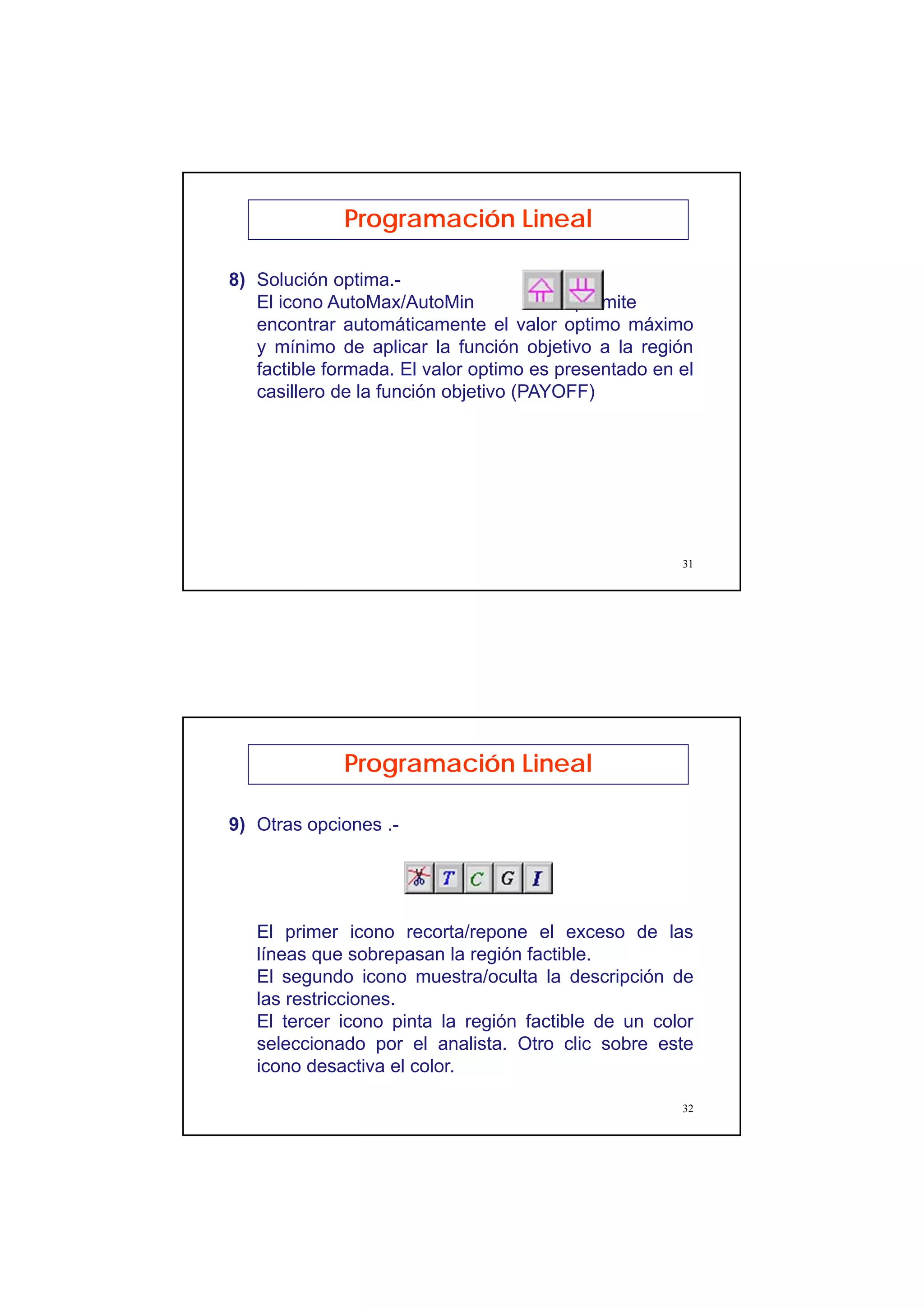 16
31
Programación Lineal
8) Solución optima.-
El icono AutoMax/AutoMin permite
encontrar automáticamente el valor optimo máximo
y mínimo de aplicar la función objetivo a la región
factible formada. El valor optimo es presentado en el
casillero de la función objetivo (PAYOFF)
32
Programación Lineal
9) Otras opciones .-
El primer icono recorta/repone el exceso de las
líneas que sobrepasan la región factible.
El segundo icono muestra/oculta la descripción de
las restricciones.
El tercer icono pinta la región factible de un color
seleccionado por el analista. Otro clic sobre este
icono desactiva el color.
 
