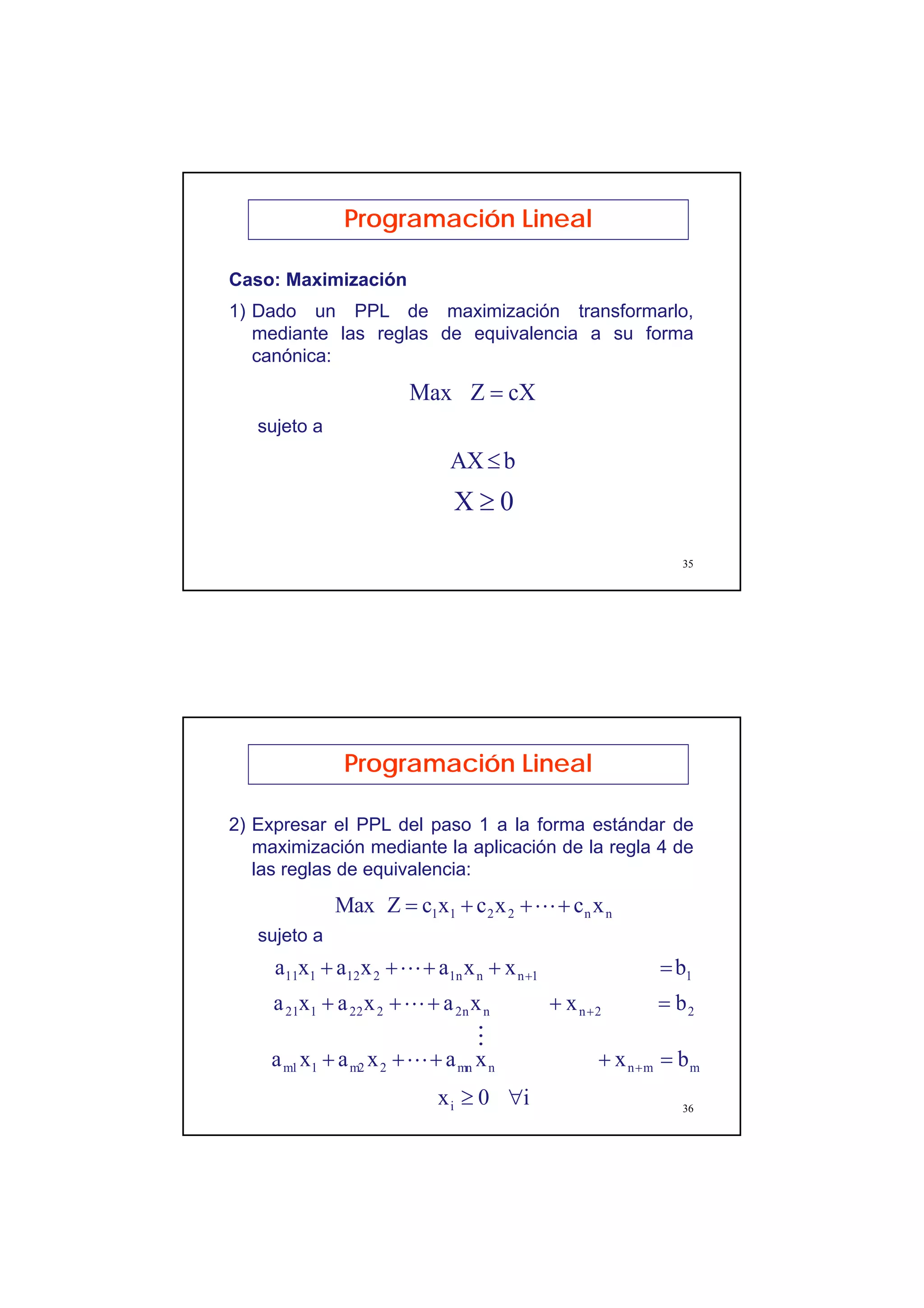 18
35
Programación Lineal
Caso: Maximización
1) Dado un PPL de maximización transformarlo,
mediante las reglas de equivalencia a su forma
canónica:
cXZMax =
bAX≤
0X ≥
sujeto a
36
2) Expresar el PPL del paso 1 a la forma estándar de
maximización mediante la aplicación de la regla 4 de
las reglas de equivalencia:
Programación Lineal
sujeto a
nn2211 xcxcxcZMax +++= L
11nn1n212111 bxxaxaxa =++++ +L
22nn2n222121 bxxaxaxa =++++ +L
M
mmnnmn2m21m1 bxxaxaxa =++++ +L
i0xi ∀≥
 