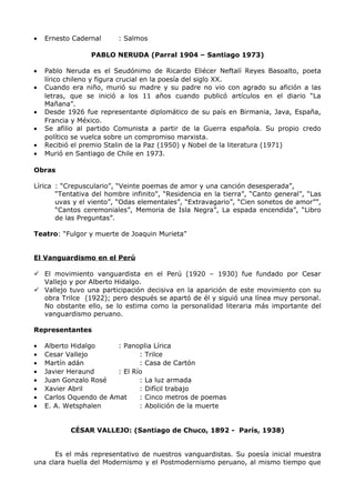 · Ernesto Cadernal : Salmos 
PABLO NERUDA (Parral 1904 – Santiago 1973) 
· Pablo Neruda es el Seudónimo de Ricardo Eliécer Neftalí Reyes Basoalto, poeta 
lírico chileno y figura crucial en la poesía del siglo XX. 
· Cuando era niño, murió su madre y su padre no vio con agrado su afición a las 
letras, que se inició a los 11 años cuando publicó artículos en el diario “La 
Mañana”. 
· Desde 1926 fue representante diplomático de su país en Birmania, Java, España, 
Francia y México. 
· Se afilio al partido Comunista a partir de la Guerra española. Su propio credo 
político se vuelca sobre un compromiso marxista. 
· Recibió el premio Stalin de la Paz (1950) y Nobel de la literatura (1971) 
· Murió en Santiago de Chile en 1973. 
Obras 
Lírica : “Crepusculario”, “Veinte poemas de amor y una canción desesperada”, 
“Tentativa del hombre infinito”, “Residencia en la tierra”, “Canto general”, “Las 
uvas y el viento”, “Odas elementales”, “Extravagario”, “Cien sonetos de amor””, 
“Cantos ceremoniales”, Memoria de Isla Negra”, La espada encendida”, “Libro 
de las Preguntas”. 
Teatro: “Fulgor y muerte de Joaquin Murieta” 
El Vanguardismo en el Perú 
 El movimiento vanguardista en el Perú (1920 – 1930) fue fundado por Cesar 
Vallejo y por Alberto Hidalgo. 
 Vallejo tuvo una participación decisiva en la aparición de este movimiento con su 
obra Trilce (1922); pero después se apartó de él y siguió una línea muy personal. 
No obstante ello, se lo estima como la personalidad literaria más importante del 
vanguardismo peruano. 
Representantes 
· Alberto Hidalgo : Panoplia Lírica 
· Cesar Vallejo : Trilce 
· Martín adán : Casa de Cartón 
· Javier Heraund : El Río 
· Juan Gonzalo Rosé : La luz armada 
· Xavier Abril : Difícil trabajo 
· Carlos Oquendo de Amat : Cinco metros de poemas 
· E. A. Wetsphalen : Abolición de la muerte 
CÉSAR VALLEJO: (Santiago de Chuco, 1892 - París, 1938) 
Es el más representativo de nuestros vanguardistas. Su poesía inicial muestra 
una clara huella del Modernismo y el Postmodernismo peruano, al mismo tiempo que 
 
