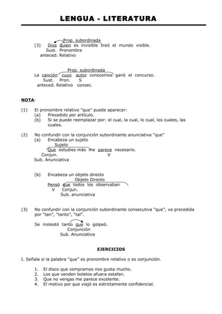 LENGUA - LITERATURA 
Prop. subordinada 
(3) Dios quien es invisible creó el mundo visible. 
Sust. Pronombre 
anteced. Relativo 
Prop. subordinada 
La canción cuyo autor conocemos ganó el concurso. 
Sust. Pron. S 
anteced. Relativo consec. 
NOTA: 
(1) El pronombre relativo “que” puede aparecer: 
(a) Precedido por artículo. 
(b) Si se puede reemplazar por: el cual, la cual, lo cual, los cuales, las 
cuales. 
(2) No confundir con la conjunción subordinante anunciativa “que” 
(a) Encabeza un sujeto 
Sujeto 
Que estudies más me parece necesario. 
Conjun. V 
Sub. Anunciativa 
(b) Encabeza un objeto directo 
Objeto Directo 
Pensó que todos los observaban 
V Conjun. 
Sub. anunciativa 
(3) No confundir con la conjunción subordinante consecutiva “que”, va precedida 
por “tan”, “tanto”, “tal”. 
Se molestó tanto que lo golpeó. 
Conjunción 
Sub. Anunciativa 
EJERCICIOS 
I. Señala si la palabra “que” es pronombre relativo o es conjunción. 
1. El disco que compramos nos gusta mucho. 
2. Los que venden boletos afuera estafan. 
3. Que no vengas me parece excelente. 
4. El motivo por que viajó es estrictamente confidencial. 
 