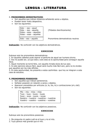 LENGUA - LITERATURA 
4. PRONOMBRES DEMOSTRATIVOS: 
· Son aquellos que indican distancia señalando seres u objetos. 
· Pueden tener matiz despectivo. 
· Son los siguientes: 
Este – ese – aquel 
Esta – esa – aquella (Tildados diacríticamente) 
Estos – esos – aquellos 
Estas – esas – aquellas 
Esto – eso – aquello Pronombres demostrativos neutros 
Indicación: No confundir con los adjetivos demostrativos. 
EJERCICIOS 
Subraya solo los pronombres demostrativos 
1. En aquellos cabellos pude aspirar el perfume de aquel ser humano divino. 
2. Eso no puede ser, ya que esta y solo esta es la oportunidad para conseguir aquella 
beca. 
3. Aquel momento se tornó feliz, con aquella mirada dulce de tus ojos. 
4. Si este ejercicio estuvo fácil, aquel será mucho más fácil aún, pero no te olvides 
que aquellos son los más difíciles. 
5. En esta oportunidad, les presento a estos cachimbos que hoy se integran a esta 
casa de estudios. 
5. PRONOMBRES POSESIVOS: 
· Son aquellos que indican pertenencia. 
· Señalan posesión en relación a seres y objetos. 
· Aparecen precedidos por artículos (e, la, los, lo) o contracciones (al y del). 
· Son los siguientes: 
Mío – mía – míos – mías 
Tuyo – tuya – tuyos – tuyas 
Suyo – suya – suyos – suyas 
Nuestro – nuestra – nuestros – nuestras 
Vuestro – vuestra – vuestros – vuestras 
Indicación: No confundir con los adjetivos posesivos. 
EJERCICIOS 
Subraya solo los pronombres posesivos 
1. Me pregunta mi padre cuál es el tuyo y no el mío. 
2. Tuyo parece más grande que el mío. 
 
