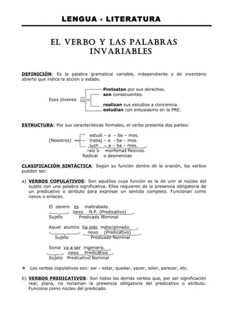 LENGUA - LITERATURA 
EL VERBO Y LAS PALABRAS 
INVARIABLES 
DEFINICIÓN: Es la palabra gramatical variable, independiente y de inventario 
abierto que indica la acción o estado. 
Protestan por sus derechos. 
son consecuentes. 
Esos jóvenes 
realizan sus estudios a conciencia. 
estudian con entusiasmo en la PRE. 
ESTRUCTURA: Por sus características formales, el verbo presenta dos partes: 
estudi – a – ba – mos. 
(Nosotros) trabaj – a - ba – mos. 
luch – a – ba – mos. 
raíz o morfemas flexivos. 
Radical o desinencias 
CLASIFICACIÓN SINTÁCTICA: Según su función dentro de la oración, los verbos 
pueden ser: 
a) VERBOS COPULATIVOS : Son aquéllos cuya función es la de unir al núcleo del 
sujeto con una palabra significativa. Ellos requieren de la presencia obligatoria de 
un predicativo o atributo para expresar un sentido completo. Funcionan como 
nexos o enlaces. 
El obrero es maltratado. 
nexo N.P. (Predicativo) 
Sujeto Predicado Nominal 
Aquel alumno ha sido indisciplinado. 
nexo (Predicativo) 
Sujeto Predicado Nominal 
Sonia va a ser ingeniera. 
nexo Predicativo 
Sujeto Predicativo Nominal 
 Los verbos copulativos son: ser - estar, quedar, yacer, soler, parecer, etc. 
b) VERBOS PREDICATIVOS : Son todos los demás verbos que, por ser significación 
real, plana, no reclaman la presencia obligatoria del predicativo o atributo. 
Funciona como núcleo del predicado. 
 