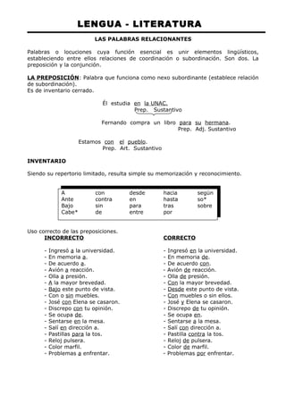 LENGUA - LITERATURA 
LAS PALABRAS RELACIONANTES 
Palabras o locuciones cuya función esencial es unir elementos lingüísticos, 
estableciendo entre ellos relaciones de coordinación o subordinación. Son dos. La 
preposición y la conjunción. 
LA PREPOSICIÓN: Palabra que funciona como nexo subordinante (establece relación 
de subordinación). 
Es de inventario cerrado. 
Él estudia en la UNAC. 
Prep. Sustantivo 
Fernando compra un libro para su hermana. 
Prep. Adj. Sustantivo 
Estamos con el pueblo. 
Prep. Art. Sustantivo 
INVENTARIO 
Siendo su repertorio limitado, resulta simple su memorización y reconocimiento. 
A con desde hacia según 
Ante contra en hasta so* 
Bajo sin para tras sobre 
Cabe* de entre por 
Uso correcto de las preposiciones. 
INCORRECTO CORRECTO 
- Ingresó a la universidad. - Ingresó en la universidad. 
- En memoria a. - En memoria de. 
- De acuerdo a. - De acuerdo con. 
- Avión a reacción. - Avión de reacción. 
- Olla a presión. - Olla de presión. 
- A la mayor brevedad. - Con la mayor brevedad. 
- Bajo este punto de vista. - Desde este punto de vista. 
- Con o sin muebles. - Con muebles o sin ellos. 
- José con Elena se casaron. - José y Elena se casaron. 
- Discrepo con tu opinión. - Discrepo de tu opinión. 
- Se ocupa de. - Se ocupa en. 
- Sentarse en la mesa. - Sentarse a la mesa. 
- Salí en dirección a. - Salí con dirección a. 
- Pastillas para la tos. - Pastilla contra la tos. 
- Reloj pulsera. - Reloj de pulsera. 
- Color marfil. - Color de marfil. 
- Problemas a enfrentar. - Problemas por enfrentar. 
 