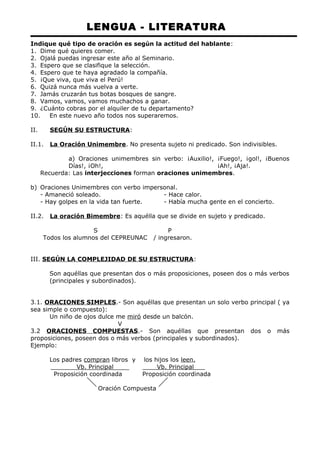 LENGUA - LITERATURA 
Indique qué tipo de oración es según la actitud del hablante: 
1. Dime qué quieres comer. 
2. Ojalá puedas ingresar este año al Seminario. 
3. Espero que se clasifique la selección. 
4. Espero que te haya agradado la compañía. 
5. ¡Que viva, que viva el Perú! 
6. Quizá nunca más vuelva a verte. 
7. Jamás cruzarán tus botas bosques de sangre. 
8. Vamos, vamos, vamos muchachos a ganar. 
9. ¿Cuánto cobras por el alquiler de tu departamento? 
10. En este nuevo año todos nos superaremos. 
II. SEGÚN SU ESTRUCTURA : 
II.1. La Oración Unimembre . No presenta sujeto ni predicado. Son indivisibles. 
a) Oraciones unimembres sin verbo: ¡Auxilio!, ¡Fuego!, ¡gol!, ¡Buenos 
Días!, ¡Oh!, ¡Ah!, ¡Aja!. 
Recuerda: Las interjecciones forman oraciones unimembres. 
b) Oraciones Unimembres con verbo impersonal. 
- Amaneció soleado. - Hace calor. 
- Hay golpes en la vida tan fuerte. - Había mucha gente en el concierto. 
II.2. La oración Bimembre : Es aquélla que se divide en sujeto y predicado. 
S P 
Todos los alumnos del CEPREUNAC / ingresaron. 
III. SEGÚN LA COMPLEJIDAD DE SU ESTRUCTURA: 
Son aquéllas que presentan dos o más proposiciones, poseen dos o más verbos 
(principales y subordinados). 
3.1. ORACIONES SIMPLES.- Son aquéllas que presentan un solo verbo principal ( ya 
sea simple o compuesto): 
Un niño de ojos dulce me miró desde un balcón. 
V 
3.2 ORACIONES COMPUESTAS.- Son aquéllas que presentan dos o más 
proposiciones, poseen dos o más verbos (principales y subordinados). 
Ejemplo: 
Los padres compran libros y los hijos los leen. 
Vb. Principal Vb. Principal 
Proposición coordinada Proposición coordinada 
Oración Compuesta 
 