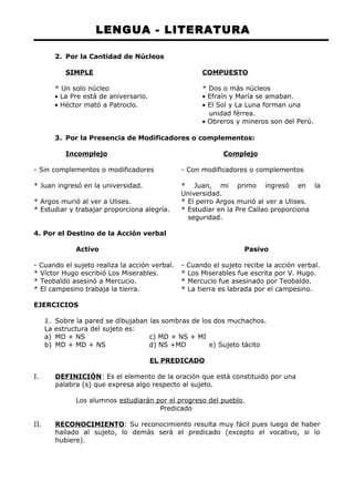 LENGUA - LITERATURA 
2. Por la Cantidad de Núcleos 
SIMPLE COMPUESTO 
* Un solo núcleo * Dos o más núcleos 
· La Pre está de aniversario. · Efraín y María se amaban. 
· Héctor mató a Patroclo. · El Sol y La Luna forman una 
unidad férrea. 
· Obreros y mineros son del Perú. 
3. Por la Presencia de Modificadores o complementos: 
Incomplejo Complejo 
- Sin complementos o modificadores - Con modificadores o complementos 
* Juan ingresó en la universidad. * Juan, mi primo ingresó en la 
Universidad. 
* Argos murió al ver a Ulises. * El perro Argos murió al ver a Ulises. 
* Estudiar y trabajar proporciona alegría. * Estudiar en la Pre Callao proporciona 
seguridad. 
4. Por el Destino de la Acción verbal 
Activo Pasivo 
- Cuando el sujeto realiza la acción verbal. - Cuando el sujeto recibe la acción verbal. 
* Víctor Hugo escribió Los Miserables. * Los Miserables fue escrita por V. Hugo. 
* Teobaldo asesinó a Mercucio. * Mercucio fue asesinado por Teobaldo. 
* El campesino trabaja la tierra. * La tierra es labrada por el campesino. 
EJERCICIOS 
1. Sobre la pared se dibujaban las sombras de los dos muchachos. 
La estructura del sujeto es: 
a) MD + NS c) MD + NS + MI 
b) MD + MD + NS d) NS +MD e) Sujeto tàcito 
EL PREDICADO 
I. DEFINICIÓN : Es el elemento de la oración que está constituido por una 
palabra (s) que expresa algo respecto al sujeto. 
Los alumnos estudiarán por el progreso del pueblo. 
Predicado 
II. RECONOCIMIENTO : Su reconocimiento resulta muy fácil pues luego de haber 
hallado al sujeto, lo demás será el predicado (excepto el vocativo, si lo 
hubiere). 
 