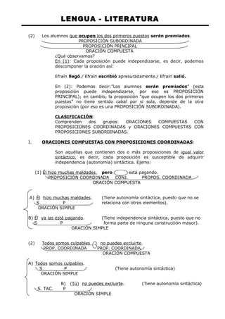 LENGUA - LITERATURA 
(2) Los alumnos que ocupen los dos primeros puestos serán premiados. 
PROPOSICIÓN SUBORDINADA 
PROPOSICIÓN PRINCIPAL 
ORACIÓN COMPUESTA 
¿Qué observamos? 
En (1): Cada proposición puede independizarse, es decir, podemos 
descomponer la oración así: 
Efraín llegó./ Efraín escribió apresuradamente./ Efraín salió. 
En (2): Podemos decir:”Los alumnos serán premiados” (esta 
proposición puede independizarse, por eso es PROPOSICIÓN 
PRINCIPAL); en cambio, la proposición “que ocupen los dos primeros 
puestos” no tiene sentido cabal por si sola, depende de la otra 
proposición (por eso es una PROPOSICIÓN SUBORDINADA). 
CLASIFICACIÓN: 
Comprenden dos grupos: ORACIONES COMPUESTAS CON 
PROPOSICIONES COORDINADAS y ORACIONES COMPUESTAS CON 
PROPOSICIONES SUBORDINADAS. 
I. ORACIONES COMPUESTAS CON PROPOSICIONES COORDINADAS : 
Son aquéllas que contienen dos o más proposiciones de igual valor 
sintáctico, es decir, cada proposición es susceptible de adquirir 
independencia (autonomía) sintáctica. Ejems: 
(1) Él hizo muchas maldades, pero está pagando. 
PROPOSICIÓN COORDINADA CONJ. PROPOS. COORDINADA 
ORACIÓN COMPUESTA 
A) É l hizo muchas maldades. (Tiene autonomía sintáctica, puesto que no se 
S P relaciona con otros elementos). 
ORACIÓN SIMPLE 
B) Él ya las está pagando. (Tiene independencia sintáctica, puesto que no 
S P forma parte de ninguna construcción mayor). 
ORACIÓN SIMPLE 
(2) Todos somos culpables , no puedes excluirte. 
PROP. COORDINADA PROP. COORDINADA 
ORACIÓN COMPUESTA 
A) Todos somos culpables. 
S P (Tiene autonomía sintáctica) 
ORACIÓN SIMPLE 
B) (Tú) no puedes excluirte. (Tiene autonomía sintáctica) 
S. TAC. P 
ORACIÓN SIMPLE 
 