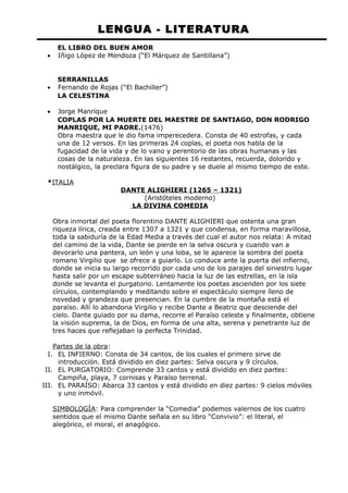 LENGUA - LITERATURA 
EL LIBRO DEL BUEN AMOR 
· Iñigo López de Mendoza (“El Márquez de Santillana”) 
SERRANILLAS 
· Fernando de Rojas (“El Bachiller”) 
LA CELESTINA 
· Jorge Manrique 
COPLAS POR LA MUERTE DEL MAESTRE DE SANTIAGO, DON RODRIGO 
MANRIQUE, MI PADRE.(1476) 
Obra maestra que le dio fama imperecedera. Consta de 40 estrofas, y cada 
una de 12 versos. En las primeras 24 coplas, el poeta nos habla de la 
fugacidad de la vida y de lo vano y perentorio de las obras humanas y las 
cosas de la naturaleza. En las siguientes 16 restantes, recuerda, dolorido y 
nostálgico, la preclara figura de su padre y se duele al mismo tiempo de este. 
*ITALIA 
DANTE ALIGHIERI (1265 – 1321) 
(Aristóteles moderno) 
LA DIVINA COMEDIA 
Obra inmortal del poeta florentino DANTE ALIGHIERI que ostenta una gran 
riqueza lírica, creada entre 1307 a 1321 y que condensa, en forma maravillosa, 
toda la sabiduría de la Edad Media a través del cual el autor nos relata: A mitad 
del camino de la vida, Dante se pierde en la selva oscura y cuando van a 
devorarlo una pantera, un león y una loba, se le aparece la sombra del poeta 
romano Virgilio que se ofrece a guiarlo. Lo conduce ante la puerta del infierno, 
donde se inicia su largo recorrido por cada uno de los parajes del siniestro lugar 
hasta salir por un escape subterráneo hacia la luz de las estrellas, en la isla 
donde se levanta el purgatorio. Lentamente los poetas ascienden por los siete 
círculos, contemplando y meditando sobre el espectáculo siempre lleno de 
novedad y grandeza que presencian. En la cumbre de la montaña está el 
paraíso. Allí lo abandona Virgilio y recibe Dante a Beatriz que desciende del 
cielo. Dante guiado por su dama, recorre el Paraíso celeste y finalmente, obtiene 
la visión suprema, la de Dios, en forma de una alta, serena y penetrante luz de 
tres haces que reflejaban la perfecta Trinidad. 
Partes de la obra: 
I. EL INFIERNO: Consta de 34 cantos, de los cuales el primero sirve de 
introducción. Está dividido en diez partes: Selva oscura y 9 círculos. 
II. EL PURGATORIO: Comprende 33 cantos y está dividido en diez partes: 
Campiña, playa, 7 cornisas y Paraíso terrenal. 
III. EL PARAÍSO: Abarca 33 cantos y está dividido en diez partes: 9 cielos móviles 
y uno inmóvil. 
SIMBOLOGÍA: Para comprender la “Comedia” podemos valernos de los cuatro 
sentidos que el mismo Dante señala en su libro “Convivio”: el literal, el 
alegórico, el moral, el anagógico. 
 