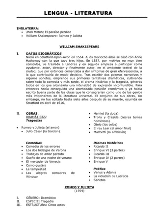 LENGUA - LITERATURA 
INGLATERRA: 
· Jhon Milton: El paraíso perdido 
· William Shakespeare: Romeo y Julieta 
WILLIAM SHAKESPEARE 
I. DATOS BIOGRÁFICOS 
Nació en Stratford-Upon-Avon en 1564. A los dieciocho años se casó con Anne 
Hathaway con la que tuvo tres hijos. En 1587, por motivos no muy bien 
conocidos, se traslada a Londres y en seguida empieza a participar como 
ayudante, actor, director y finalmente autor, en el ambiente teatral de la 
ciudad, que por entonces comenzaba a dar síntomas de gran efervescencia, a 
la que contribuiría de modo decisivo. Tras escribir dos poemas narrativos y 
algunos sonetos, emprende sus primeras tentativas dramáticas, cultivando 
sobre todo la comedia y más tarde, el drama histórico y la tragedia, géneros 
todos en los que alcanzaría una intensidad de expresión inconfundible. Para 
entonces había conseguido una acomodada posición económica y ya había 
escrito buena parte de las obras que le consagrarían como uno de los genios 
más importantes de la literatura universal. El conjunto de sus obras, sin 
embargo, no fue editado hasta siete años después de su muerte, ocurrida en 
Stratford en abril de 1616. 
II. OBRAS : 
DRAMÁTICAS: 
Tragedias 
· Romeo y Julieta (el amor) 
· Julio César (la traición) 
· Hamlet (la duda) 
· Troilo y Crésida (recrea temas 
homéricos) 
· Otelo (los celos) 
· El rey Lear (el amor filial) 
· Macbeth (la ambición) 
Comedias 
· Comedia de los errores 
· Los dos hidalgos de Verona 
· Trabajos de amor perdido 
· Sueño de una noche de verano 
· El mercader de Venecia 
· Como gustéis 
· La tempestad 
· Las alegres comadres de 
Windsor 
Dramas históricos 
· Ricardo II 
· Enrique VI (3 partes) 
· Ricardo III 
· Enrique IV (2 partes) 
· Enrique V 
Poética 
· Venus y Adonis 
· La violación de Lucrecia 
· Sonetos 
ROMEO Y JULIETA 
(1594) 
I. GÉNERO: Dramático 
II. ESPECIE: Tragedia 
III. ESTRUCTURA: Cinco actos 
 