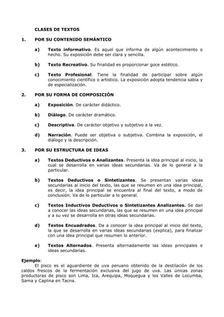 CLASES DE TEXTOS 
1. POR SU CONTENIDO SEMÁNTICO 
a) Texto informativo. Es aquel que informa de algún acontecimiento o 
hecho. Su exposición debe ser clara y sencilla. 
b) Texto Recreativo. Su finalidad es proporcionar goce estético. 
c) Texto Profesional. Tiene la finalidad de participar sobre algún 
conocimiento científico o artístico. La exposición adopta tendencia sabia y 
de especialización. 
2. POR SU FORMA DE COMPOSICIÓN 
a) Exposición. De carácter didáctico. 
b) Diálogo. De carácter dramático. 
c) Descriptiva. De carácter objetivo y subjetivo a la vez. 
d) Narración. Puede ser objetiva o subjetiva. Combina la exposición, el 
diálogo y la descripción. 
3. POR SU ESTRUCTURA DE IDEAS 
a) Textos Deductivos o Analizantes. Presenta la idea principal al inicio, la 
cual se desarrolla en varias ideas secundarias. Va de lo general a lo 
particular. 
b) Textos Deductivos o Sintetizantes. Se presentan varias ideas 
secundarias al inicio del texto, las que se resumen en una idea principal, 
es decir, la idea principal se encuentra al final del texto, a modo de 
conclusión. Va de lo particular a lo general. 
c) Textos Inductivos Deductivos o Sintetizantes Analizantes. Se dan 
a conocer las ideas secundarias, las que se resumen en una idea principal 
y a su vez se desarrolla en otras ideas secundarias. 
d) Textos Encuadrados. Da a conocer la idea principal al inicio del texto, 
la que se desarrolla en varias ideas secundarias (explica), para finalizar 
con una idea principal que resumen lo anterior. 
e) Textos Alternados. Presenta alternadamente las ideas principales e 
ideas secundarias. 
Ejemplo: 
El pisco es el aguardiente de uva peruano obtenido de la destilación de los 
caldos frescos de la fermentación exclusiva del jugo de uva. Las únicas zonas 
productoras de pisco son Lima, Ica, Arequipa, Moquegua y los Valles de Locumba, 
Sama y Caplina en Tacna. 
 