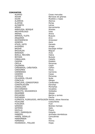CONJUNTOS 
ACERVO Cosas menudas 
ADUAR Barracas de gitanas 
AJUAR Muebles y ropas 
ALAMEDA Álamos 
ALJÓFAR Perlas 
ALFABETO Letras 
APERO Herramienta 
ARBOLEDA, BOSQUE Árboles 
ARCHIPIÉLAGO Islas 
ARENAL Arena 
ARMADA, FLOTA Buques 
ARQUERÍA Arco 
ASCENDENCIA Antecesor 
ASNERÍA Asno 
ATAJO, HATO Ganado 
AVISPERO Avispa 
BAGAJE Equipaje militar 
BAGUALDA Bagual 
BANDADA Aves 
BORLA, MECHÓN Hebra 
BOYADA Bueyes 
CABALLADA Caballo 
CADENA Eslabón 
CÁFILA Personas 
CAJONERA Cajón 
CAÑONERÍA, CAÑUTERÍA Cañón 
CARDÚMEN Peces 
CARNERADA Carneros 
CASERÍO Casas 
CATERVA Personas 
CELAJERÍA, CELAJE Nube 
CONCILIO Obispo 
CONCLAVE, CONSISTORIO Cardenales 
CONSTELACIÓN Estrellas 
CORDILLERA Montañas 
DICCIONARIO Vocablos 
EJERCITO, SOLDADESCA Soldados 
ENJAMBRE Abejas 
ESCUADRA Barcos y avines 
FLECHERÍA Flecha 
FLORESTA, FLORILEGIO, ANTOLOGÍA Poesía, obras literarias 
FOLKLORE Costumbres 
FUSILERÍA Fusil 
GANADO Bestias mansas 
GATERÍA Gato 
GAVILLA Pícaro 
GREY, PARROQUIA Feligrés 
HABERÍO Animales domésticos 
HARÉN, SERALLO Concubinas 
HEBDÓMADA Día 
HIMNARIO Himno 
HOJARASCA , FOLLAJE Hojas 
 