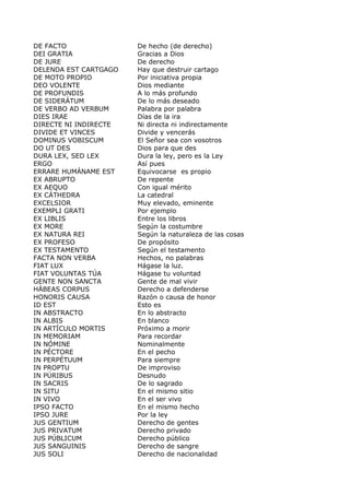 DE FACTO De hecho (de derecho) 
DEI GRATIA Gracias a Dios 
DE JURE De derecho 
DELENDA EST CARTGAGO Hay que destruir cartago 
DE MOTO PROPIO Por iniciativa propia 
DEO VOLENTE Dios mediante 
DE PROFUNDIS A lo más profundo 
DE SIDERÁTUM De lo más deseado 
DE VERBO AD VERBUM Palabra por palabra 
DIES IRAE Días de la ira 
DIRECTE NI INDIRECTE Ni directa ni indirectamente 
DIVIDE ET VINCES Divide y vencerás 
DOMINUS VOBISCUM El Señor sea con vosotros 
DO UT DES Dios para que des 
DURA LEX, SED LEX Dura la ley, pero es la Ley 
ERGO Así pues 
ERRARE HUMÁNAME EST Equivocarse es propio 
EX ABRUPTO De repente 
EX AEQUO Con igual mérito 
EX CÁTHEDRA La catedral 
EXCELSIOR Muy elevado, eminente 
EXEMPLI GRATI Por ejemplo 
EX LIBLIS Entre los libros 
EX MORE Según la costumbre 
EX NATURA REI Según la naturaleza de las cosas 
EX PROFESO De propósito 
EX TESTAMENTO Según el testamento 
FACTA NON VERBA Hechos, no palabras 
FIAT LUX Hágase la luz. 
FIAT VOLUNTAS TÚA Hágase tu voluntad 
GENTE NON SANCTA Gente de mal vivir 
HÁBEAS CORPUS Derecho a defenderse 
HONORIS CAUSA Razón o causa de honor 
ID EST Esto es 
IN ABSTRACTO En lo abstracto 
IN ALBIS En blanco 
IN ARTÍCULO MORTIS Próximo a morir 
IN MEMORIAM Para recordar 
IN NÓMINE Nominalmente 
IN PÉCTORE En el pecho 
IN PERPÉTUUM Para siempre 
IN PROPTU De improviso 
IN PÚRIBUS Desnudo 
IN SACRIS De lo sagrado 
IN SITU En el mismo sitio 
IN VIVO En el ser vivo 
IPSO FACTO En el mismo hecho 
IPSO JURE Por la ley 
JUS GENTIUM Derecho de gentes 
JUS PRIVATUM Derecho privado 
JUS PÚBLICUM Derecho público 
JUS SANGUINIS Derecho de sangre 
JUS SOLI Derecho de nacionalidad 
 