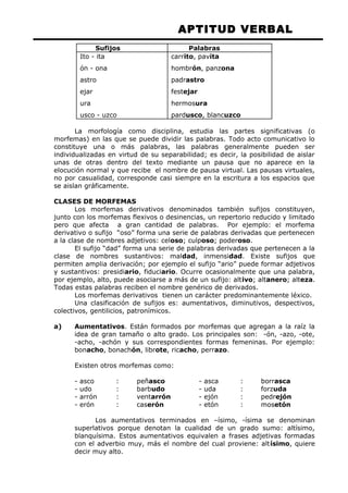 APTITUD VERBAL 
Sufijos Palabras 
Ito - ita 
ón - ona 
astro 
ejar 
ura 
usco - uzco 
carrito, pavita 
hombrón, panzona 
padrastro 
festejar 
hermosura 
pardusco, blancuzco 
La morfología como disciplina, estudia las partes significativas (o 
morfemas) en las que se puede dividir las palabras. Todo acto comunicativo lo 
constituye una o más palabras, las palabras generalmente pueden ser 
individualizadas en virtud de su separabilidad; es decir, la posibilidad de aislar 
unas de otras dentro del texto mediante un pausa que no aparece en la 
elocución normal y que recibe el nombre de pausa virtual. Las pausas virtuales, 
no por casualidad, corresponde casi siempre en la escritura a los espacios que 
se aislan gráficamente. 
CLASES DE MORFEMAS 
Los morfemas derivativos denominados también sufijos constituyen, 
junto con los morfemas flexivos o desinencias, un repertorio reducido y limitado 
pero que afecta a gran cantidad de palabras. Por ejemplo: el morfema 
derivativo o sufijo “oso” forma una serie de palabras derivadas que pertenecen 
a la clase de nombres adjetivos: celoso; culposo; poderoso. 
El sufijo “dad” forma una serie de palabras derivadas que pertenecen a la 
clase de nombres sustantivos: maldad, inmensidad. Existe sufijos que 
permiten amplia derivación; por ejemplo el sufijo “ario” puede formar adjetivos 
y sustantivos: presidiario, fiduciario. Ocurre ocasionalmente que una palabra, 
por ejemplo, alto, puede asociarse a más de un sufijo: altivo; altanero; alteza. 
Todas estas palabras reciben el nombre genérico de derivados. 
Los morfemas derivativos tienen un carácter predominantemente léxico. 
Una clasificación de sufijos es: aumentativos, diminutivos, despectivos, 
colectivos, gentilicios, patronímicos. 
a) Aumentativos. Están formados por morfemas que agregan a la raíz la 
idea de gran tamaño o alto grado. Los principales son: -ón, -azo, -ote, 
-acho, -achón y sus correspondientes formas femeninas. Por ejemplo: 
bonacho, bonachón, librote, ricacho, perrazo. 
Existen otros morfemas como: 
- asco : peñasco - asca : borrasca 
- udo : barbudo - uda : forzuda 
- arrón : ventarrón - ejón : pedrejón 
- erón : caserón - etón : mosetón 
Los aumentativos terminados en –ísimo, -ísima se denominan 
superlativos porque denotan la cualidad de un grado sumo: altísimo, 
blanquísima. Estos aumentativos equivalen a frases adjetivas formadas 
con el adverbio muy, más el nombre del cual proviene: altísimo, quiere 
decir muy alto. 
 