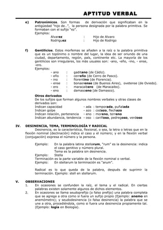 APTITUD VERBAL 
e) Patronímicos. Son formas de derivación que significaban en la 
antigüedad “hijo de…”, la persona designada por la palabra primitiva. Se 
formaban con el sufijo “ez”. 
Ejemplos: 
Alvarez : Hijo de Alvaro 
Rodriguez : Hijo de Rodrigo 
f) Gentilicios. Estos morfemas se añaden a la raíz o la palabra primitiva 
que es un topónimo o nombre del lugar, la idea de ser oriundo de una 
ciudad, departamento, región, país, continente etc. La mayoría de los 
gentilicios son irregulares, los más usuales son: -ano, -eño, -ino, - ense, 
-ero. 
Ejemplos: 
- ano : gaditano (de Cádiz). 
- eño : cerreño (de Cerro de Pasco). 
- ino : florentino (de Florencia). 
- ense : bonaerense (de Buenos Aires), ovetense (de Oviedo). 
- ero : maracaibero (de Maracaibo). 
- eno : damasceno (de Damasco). 
Otros derivados 
De los sufijos que forman algunos nombres verbales y otras clases de 
derivados son: 
Indican capacidad - ada : temporada, puñalada 
Indican golpe - azo : codazo, flechazo 
Indican relación, pertenencia - eno : moreno, terreno 
Indican abundancia, tendencia - oso : cariñoso, pedregoso, verdoso 
IV. DESINENCIA, TEMA, TERMINOLOGÍA Y RADICAL 
Desinencia, es la característica, flexional, o sea, la letra o letras que en la 
flexión nominal (declinación) indica el caso y el número; y en la flexión verbal 
(conjugación) expresa el número y la persona. 
Ejemplo: En la palabra latina stellarum, “rum” es la desinencia: indica 
el caso genitivo y número plural. 
Tema es la palabra sin desinencia. 
Ejemplo: Stella 
Terminación es la parte variable de la flexión nominal o verbal. 
Ejemplo: En stellarum la terminación es “arum”. 
Radical es lo que queda de la palabra, después de suprimir la 
terminación. Ejemplo: stell en stellarum. 
V. OBSERVACIONES 
1. En ocasiones se confunden la raíz, el tema y el radical. En ciertas 
palabras existen solamente algunos de dichos elementos. 
2. En ocasiones se llama seudoprefijo (o falso prefijo) una palabra completa 
que se agrega a otra como si fuera un sufijo propio (Ejemplo: anemo en 
anemómetro); y seudodesinencia (o falsa desinencia) la palabra que se 
une a otra, procediéndola, como si fuera una desinencia propiamente tal. 
(Ejemplo: logía en Biología). 
 