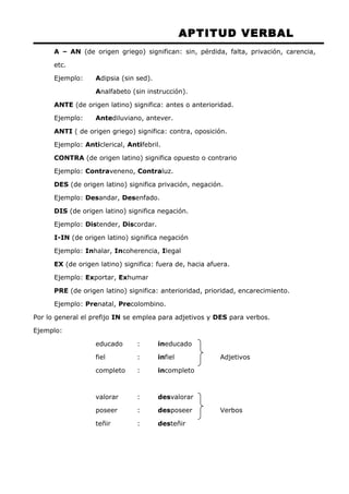 APTITUD VERBAL 
A – AN (de origen griego) significan: sin, pérdida, falta, privación, carencia, 
etc. 
Ejemplo: Adipsia (sin sed). 
Analfabeto (sin instrucción). 
ANTE (de origen latino) significa: antes o anterioridad. 
Ejemplo: Antediluviano, antever. 
ANTI ( de origen griego) significa: contra, oposición. 
Ejemplo: Anticlerical, Antifebril. 
CONTRA (de origen latino) significa opuesto o contrario 
Ejemplo: Contraveneno, Contraluz. 
DES (de origen latino) significa privación, negación. 
Ejemplo: Desandar, Desenfado. 
DIS (de origen latino) significa negación. 
Ejemplo: Distender, Discordar. 
I-IN (de origen latino) significa negación 
Ejemplo: Inhalar, Incoherencia, Ilegal 
EX (de origen latino) significa: fuera de, hacia afuera. 
Ejemplo: Exportar, Exhumar 
PRE (de origen latino) significa: anterioridad, prioridad, encarecimiento. 
Ejemplo: Prenatal, Precolombino. 
Por lo general el prefijo IN se emplea para adjetivos y DES para verbos. 
Ejemplo: 
educado : ineducado 
fiel : infiel Adjetivos 
completo : incompleto 
valorar : desvalorar 
poseer : desposeer Verbos 
teñir : desteñir 
 