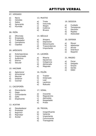 APTITUD VERBAL 
07. VERSADO 
a) Necio 
b) Cándido 
c) Sabio 
d) Ignorante 
e) Humilde 
08. PEÓN 
a) Oficinista 
b) Empleado 
c) Trabajador 
d) Campesino 
e) Capataz 
09. APÓCRIFO 
a) Extemporáneo 
b) Improvisado 
c) Auténtico 
d) Eterno 
e) Secular 
10. HACINAR 
a) Aglomerar 
b) Amontonar 
c) Mezclar 
d) Ordenar 
e) Cocinar 
11. CACOFONÍA 
a) Discordante 
b) Gago 
c) Concordante 
d) Gafo 
e) Displicente 
12. ACATAR 
a) Desobedecer 
b) Protestar 
c) Reprimir 
d) Reprobar 
e) Acotar 
13. MUSTIO 
a) Triste 
b) Iracundo 
c) Alegre 
d) Colérico 
e) Brusco 
14. BÁCULO 
a) Amparo 
b) Depresión 
c) Desconsuelo 
d) Trascendencia 
e) Importante 
15. LACERÍA 
a) Miseria 
b) Opulencia 
c) Indigencia 
d) Adinerado 
e) Magnate 
16. FELÓN 
a) Traidor 
b) Ordenado 
c) Leal 
d) Lacónico 
e) Robusto 
17. VENAL 
a) Inocente 
b) Magnánimo 
c) Admisible 
d) Respetable 
e) Probo 
18. TRIVIAL 
a) Insignificante 
b) Valiente 
c) Importante 
d) Convincente 
e) Transigente 
19. DESIDIA 
a) Cuidado 
b) Templanza 
c) Decisión 
d) Rigidez 
e) Asiduidad 
20. DIFERIR 
a) Mover 
b) Adelantar 
c) Aliviar 
d) Distribuir 
e) Repartir 
21. MAGRO 
a) Feraz 
b) Delgado 
c) Enjuto 
d) Gordo 
e) Débil 
 