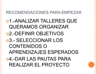 RECOMENDACIONES PARA EMPEZAR

1.-ANALIZAR TALLERES QUE
 QUERAMOS ORGANIZAR
2.-DEFINIR OBJETIVOS
3.- SELECCIONAR LOS
 CONTENIDOS O
 APRENDIZAJES ESPERADOS
4.-DAR LAS PAUTAS PARA
 REALIZAR EL PROYECTO
 