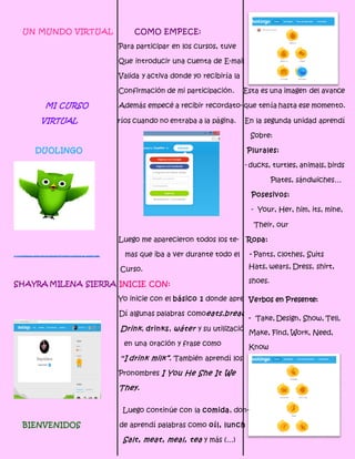 UN MUNDO VIRTUAL COMO EMPECE:
Para participar en los cursos, tuve
Que introducir una cuenta de E-mail
Valida y activa donde yo recibiría la
Confirmación de mi participación. Esta es una imagen del avance
MI CURSO Además empecé a recibir recordato- que tenía hasta ese momento.
VIRTUAL ríos cuando no entraba a la página. En la segunda unidad aprendí
Sobre:
DUOLINGO Plurales:
- ducks, turtles, animals, birds
Plates, sándwiches…
Posesivos:
- Your, Her, him, its, mine,
Their, our
Luego me aparecieron todos los te- Ropa:
h t tp ://tododescarga .org/wp-conte nt/upl oads/2013/07/Duolin go-un a-ap licacion -para- aprender-in gles.j mas que iba a ver durante todo el - Pants, clothes, Suits
Curso.
SHAYRA MILENA SIERRA INICIE CON:
Yo inicie con el básico 1 donde apren
Dí algunas palabras comoeats,bread
Drink, drinks, wáter y su utilización
en una oración y frase como
“I drink milk”. También aprendí los
Pronombres I You He She It We
They.
Luego continúe con la comida, don-
BIENVENIDOS de aprendí palabras como oíl, lunch
Salt, meat, meal, tea y más (…)
Hats, wears, Dress, shirt,
shoes.
Verbos en Presente:
- Take, Design, Show, Tell,
Make, Find, Work, Need,
Know
 