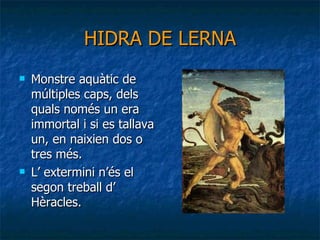 HIDRA DE LERNA Monstre aquàtic de múltiples caps, dels quals només un era immortal i si es tallava un, en naixien dos o tres més. L’ extermini n’és el segon treball d’ Hèracles. 