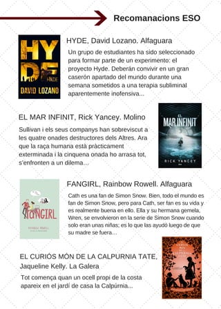 Recomanacions ESO
Un grupo de estudiantes ha sido seleccionado
para formar parte de un experimento: el
proyecto Hyde. Deberán convivir en un gran
caserón apartado del mundo durante una
semana sometidos a una terapia subliminal
aparentemente inofensiva...
HYDE, David Lozano. Alfaguara
EL MAR INFINIT, Rick Yancey. Molino
Sullivan i els seus companys han sobreviscut a
les quatre onades destructores dels Altres. Ara
que la raça humana està pràcticament
exterminada i la cinquena onada ho arrasa tot,
s’enfronten a un dilema…
FANGIRL, Rainbow Rowell. Alfaguara
Cath es una fan de Simon Snow. Bien, todo el mundo es
fan de Simon Snow, pero para Cath, ser fan es su vida y
es realmente buena en ello. Ella y su hermana gemela,
Wren, se envolvieron en la serie de Simon Snow cuando
solo eran unas niñas; es lo que las ayudó luego de que
su madre se fuera… 
EL CURIÓS MÓN DE LA CALPURNIA TATE,
Jaqueline Kelly. La Galera
Tot comença quan un ocell propi de la costa
apareix en el jardí de casa la Calpúrnia...
 