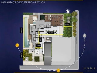 10,00m 
19,50m 
25,00m 
9,00m 
5,50m 
6,80m 
IMPLANTAÇÃO DO TÉRREO – RECUOS 
 